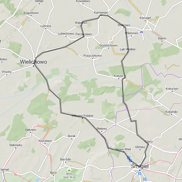 Miniatura mapy "Trasa przez Łęki Wielkie" - trasy rowerowej w Wielkopolskie, Poland. Wygenerowane przez planer tras rowerowych Tarmacs.app