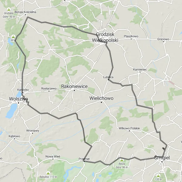 Miniatura mapy "Szlak przez Boruję Kościelną i Grodzisk" - trasy rowerowej w Wielkopolskie, Poland. Wygenerowane przez planer tras rowerowych Tarmacs.app