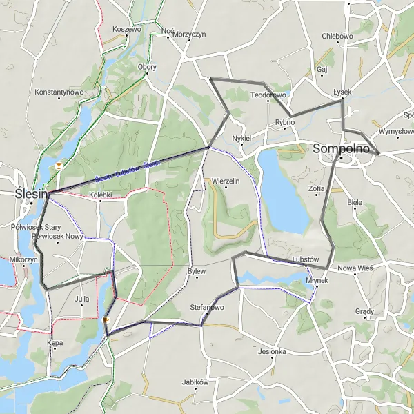 Miniatura mapy "Trasa z Sompolna do Lubstowa i Ślesina" - trasy rowerowej w Wielkopolskie, Poland. Wygenerowane przez planer tras rowerowych Tarmacs.app