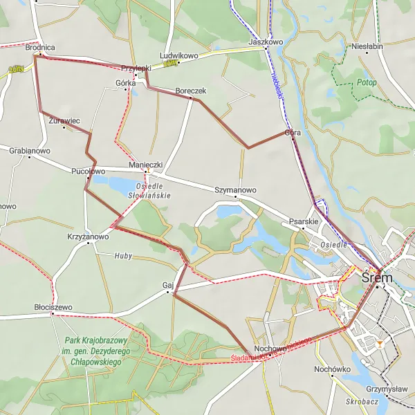 Miniatura mapy "Szlak Gravelowy Nochowo-Pucołowo-Śrem" - trasy rowerowej w Wielkopolskie, Poland. Wygenerowane przez planer tras rowerowych Tarmacs.app