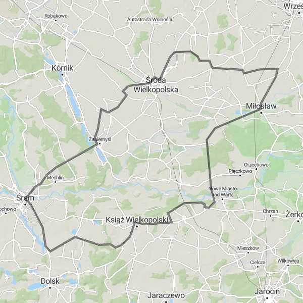 Miniatura mapy "Trasa Szosowa Zaniemyśl-Brzóstownia-Śrem" - trasy rowerowej w Wielkopolskie, Poland. Wygenerowane przez planer tras rowerowych Tarmacs.app