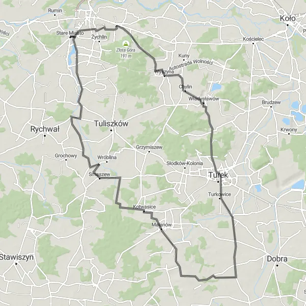 Map miniature of "The Turbulent Turek" cycling inspiration in Wielkopolskie, Poland. Generated by Tarmacs.app cycling route planner