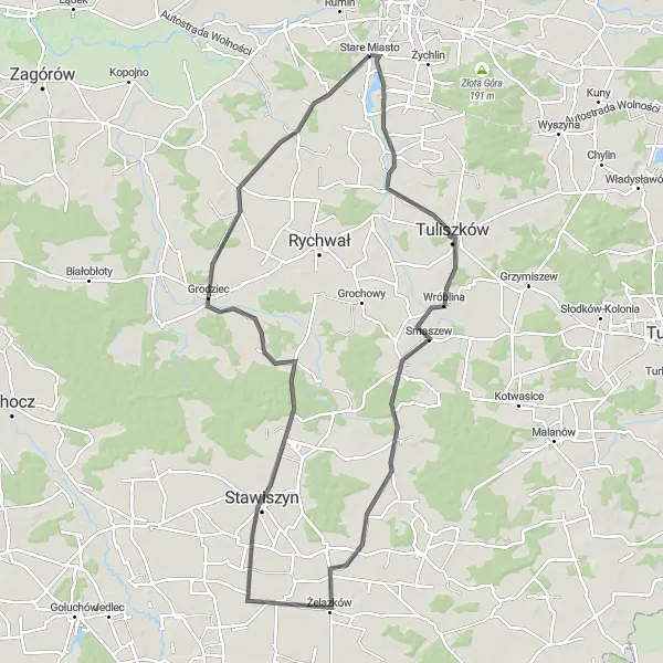 Map miniature of "The Tuliszków Escape" cycling inspiration in Wielkopolskie, Poland. Generated by Tarmacs.app cycling route planner