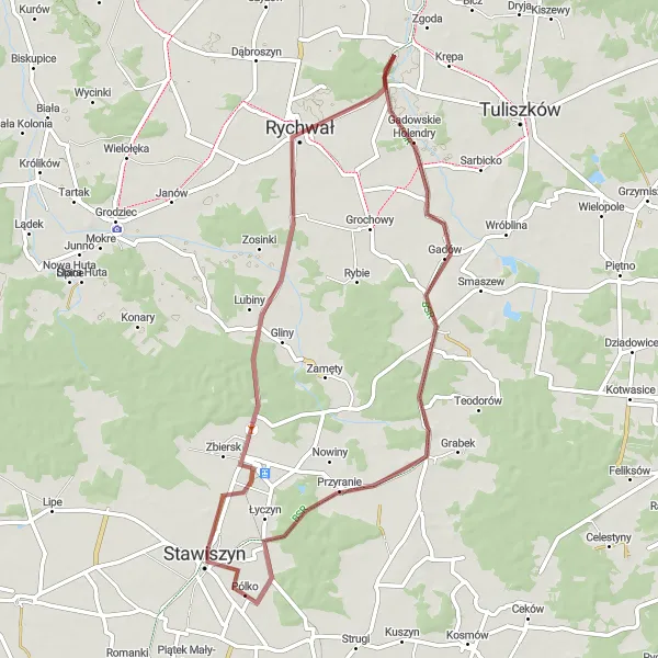Map miniature of "Gravelloop to Rychwał and Dzierzbin" cycling inspiration in Wielkopolskie, Poland. Generated by Tarmacs.app cycling route planner