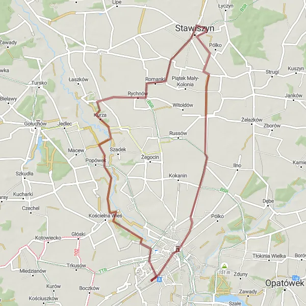 Miniatura mapy "Szlak Gravelowy przez Borków Stary" - trasy rowerowej w Wielkopolskie, Poland. Wygenerowane przez planer tras rowerowych Tarmacs.app