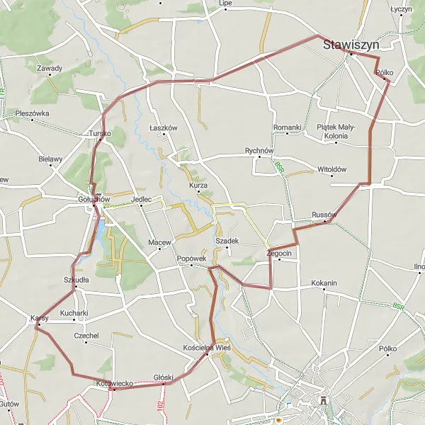 Map miniature of "Piotrów and Gołuchów Gravel Adventure" cycling inspiration in Wielkopolskie, Poland. Generated by Tarmacs.app cycling route planner