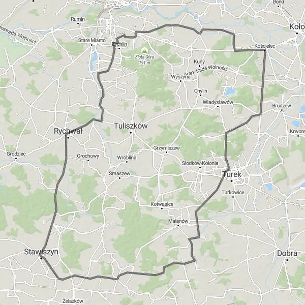 Map miniature of "Road Cycling Stawiszyn Loop" cycling inspiration in Wielkopolskie, Poland. Generated by Tarmacs.app cycling route planner