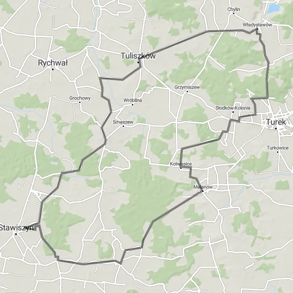Map miniature of "Challenging Road Loop to Dzierzbin, Tuliszków, and Malanów" cycling inspiration in Wielkopolskie, Poland. Generated by Tarmacs.app cycling route planner