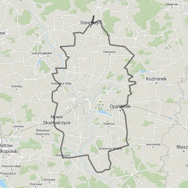 Map miniature of "Hilly Loop from Stawiszyn" cycling inspiration in Wielkopolskie, Poland. Generated by Tarmacs.app cycling route planner