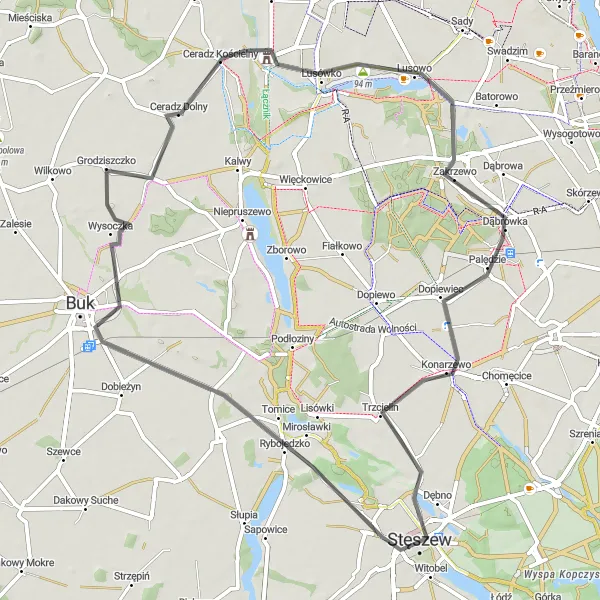 Map miniature of "Road Cycling Route - Tomice Loop" cycling inspiration in Wielkopolskie, Poland. Generated by Tarmacs.app cycling route planner