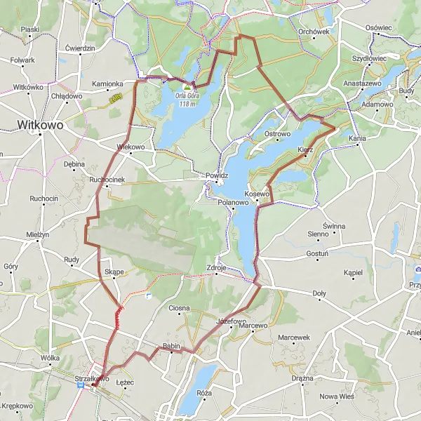 Map miniature of "Gravel Adventure to Skorzęcin and Orla Góra" cycling inspiration in Wielkopolskie, Poland. Generated by Tarmacs.app cycling route planner