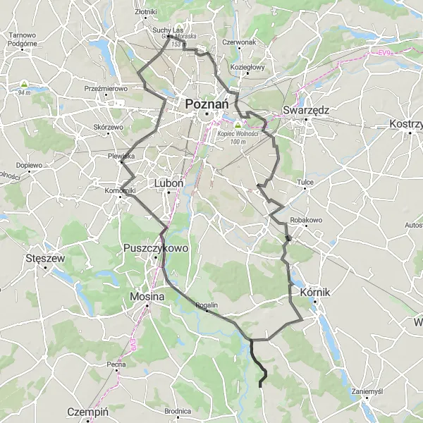 Map miniature of "Piątkowo - Gądki - Radzewo - Plewiska - Suchy Las Circuit" cycling inspiration in Wielkopolskie, Poland. Generated by Tarmacs.app cycling route planner