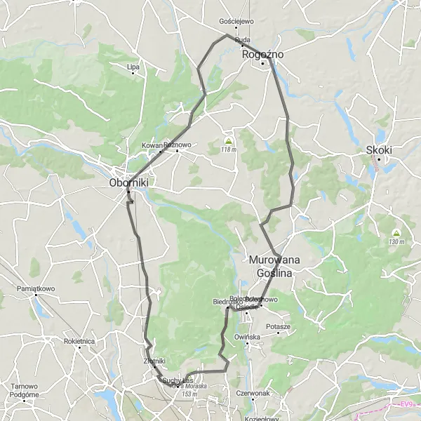 Map miniature of "Chludowo - Jaracz - Rogoźno - Goślina - Suchy Las" cycling inspiration in Wielkopolskie, Poland. Generated by Tarmacs.app cycling route planner