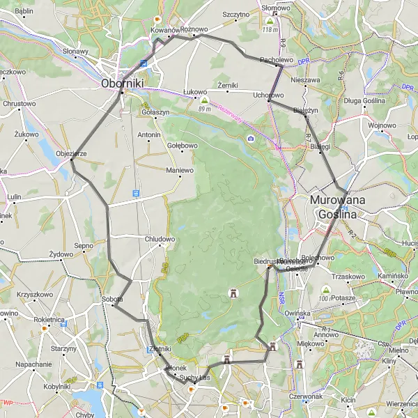 Map miniature of "Sobota - Oborniki - Kowanówko - Murowana Goślina - Suchy Las" cycling inspiration in Wielkopolskie, Poland. Generated by Tarmacs.app cycling route planner