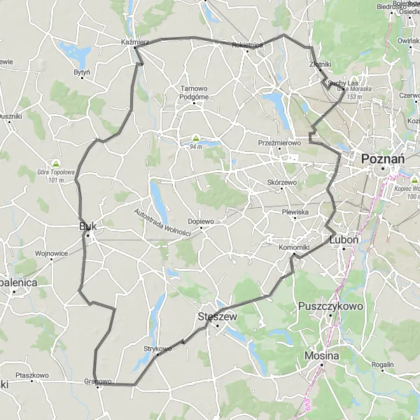 Map miniature of "Suchy Las - Stęszew - Grzebienisko - Złotkowo - Suchy Las Loop" cycling inspiration in Wielkopolskie, Poland. Generated by Tarmacs.app cycling route planner