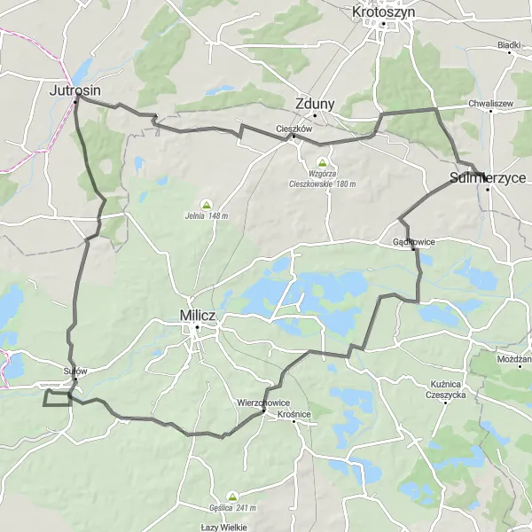 Miniatura mapy "Trasa przyrodnicza do Sulmierzyc" - trasy rowerowej w Wielkopolskie, Poland. Wygenerowane przez planer tras rowerowych Tarmacs.app