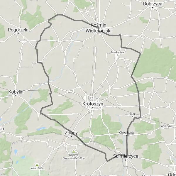 Map miniature of "Sulmierzyce and Beyond" cycling inspiration in Wielkopolskie, Poland. Generated by Tarmacs.app cycling route planner