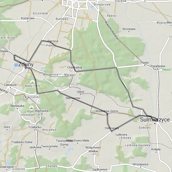 Map miniature of "Sulmierzyce and Surroundings" cycling inspiration in Wielkopolskie, Poland. Generated by Tarmacs.app cycling route planner