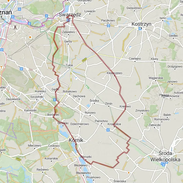 Map miniature of "Krerowo - Gądki Loop" cycling inspiration in Wielkopolskie, Poland. Generated by Tarmacs.app cycling route planner