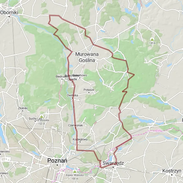 Map miniature of "Explore the Gravel Roads of Swarzędz" cycling inspiration in Wielkopolskie, Poland. Generated by Tarmacs.app cycling route planner