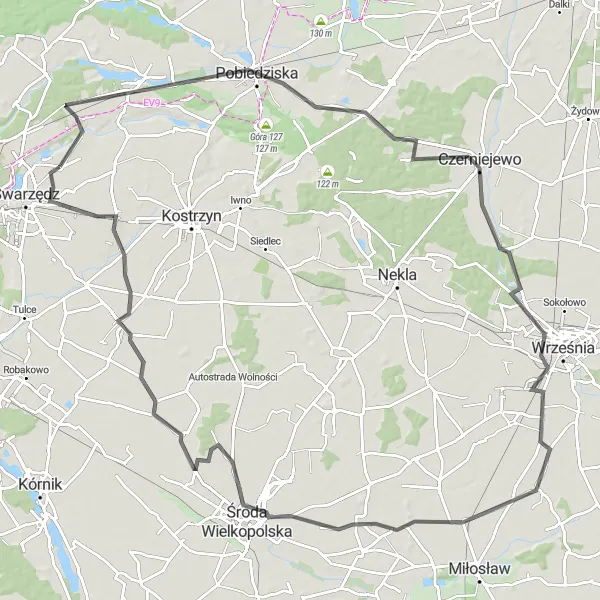 Map miniature of "Swarzędz to Kleszczewo Road Cycling Route" cycling inspiration in Wielkopolskie, Poland. Generated by Tarmacs.app cycling route planner