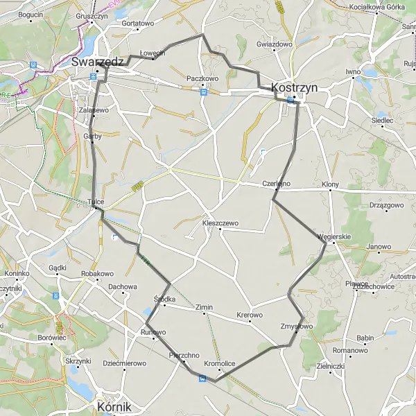 Map miniature of "A Scenic Journey: Czerlejno to Pierzchno" cycling inspiration in Wielkopolskie, Poland. Generated by Tarmacs.app cycling route planner