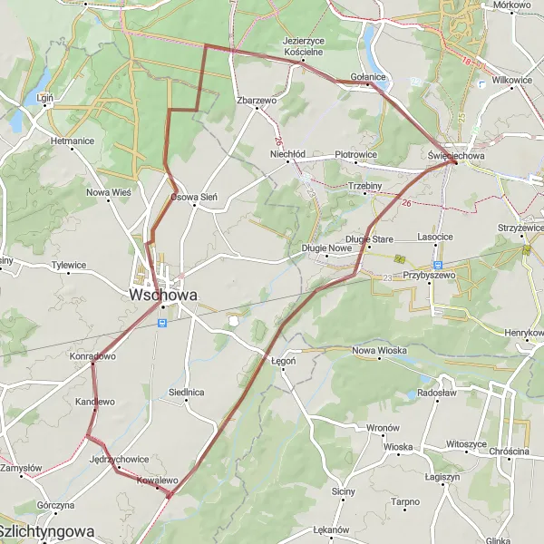 Map miniature of "Długie Stare and Wschowa Gravel Loop" cycling inspiration in Wielkopolskie, Poland. Generated by Tarmacs.app cycling route planner