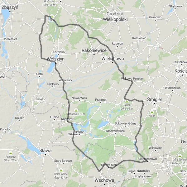 Map miniature of "Wielkopolskie Loop" cycling inspiration in Wielkopolskie, Poland. Generated by Tarmacs.app cycling route planner