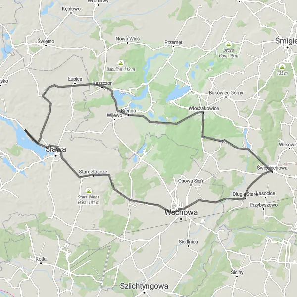 Map miniature of "Wschowa and Sława Road Loop" cycling inspiration in Wielkopolskie, Poland. Generated by Tarmacs.app cycling route planner