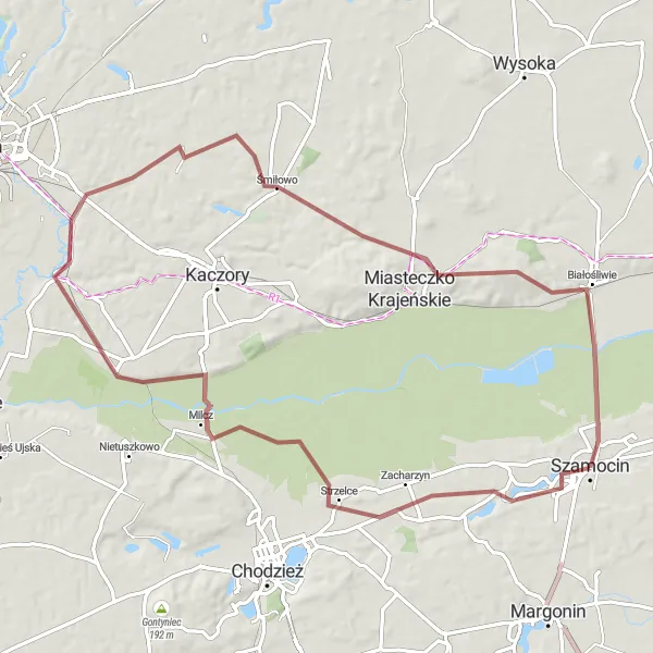 Map miniature of "Szamocin - Zacharzyn - Milcz - Dziembówko - Śmiłowo - Białośliwie - Atanazyn Gravel Route" cycling inspiration in Wielkopolskie, Poland. Generated by Tarmacs.app cycling route planner