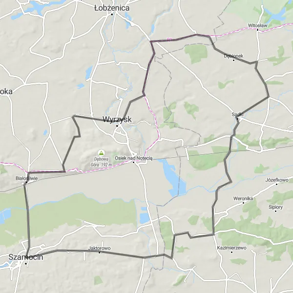 Map miniature of "Szamocin - Atanazyn - Wyrzysk - Czubatka - Sadki - Smogulecka Wieś - Borowo Road Route" cycling inspiration in Wielkopolskie, Poland. Generated by Tarmacs.app cycling route planner