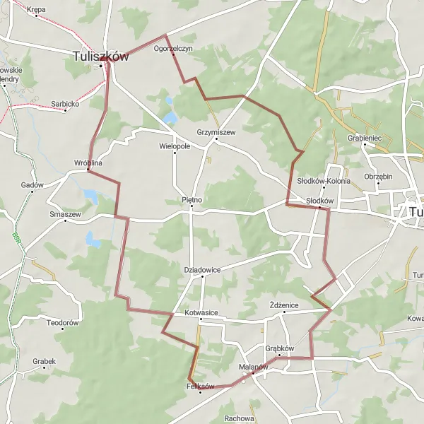 Miniatura mapy "Trasa przez Słodków i Malanów" - trasy rowerowej w Wielkopolskie, Poland. Wygenerowane przez planer tras rowerowych Tarmacs.app