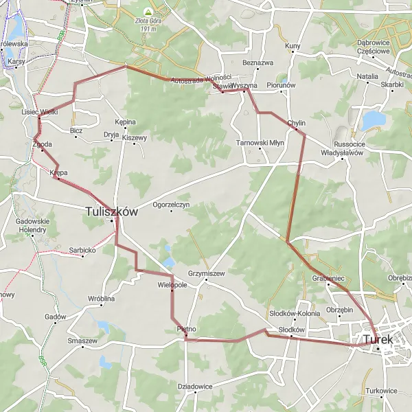 Map miniature of "Gravel Tour to Tuliszków" cycling inspiration in Wielkopolskie, Poland. Generated by Tarmacs.app cycling route planner