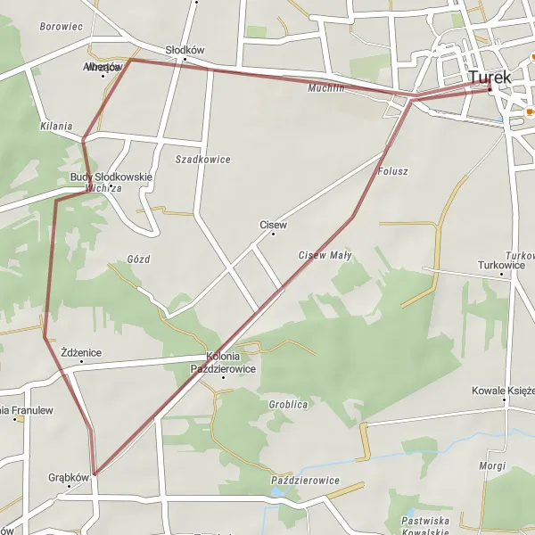 Map miniature of "Short and Sweet: Turek to Fountain" cycling inspiration in Wielkopolskie, Poland. Generated by Tarmacs.app cycling route planner