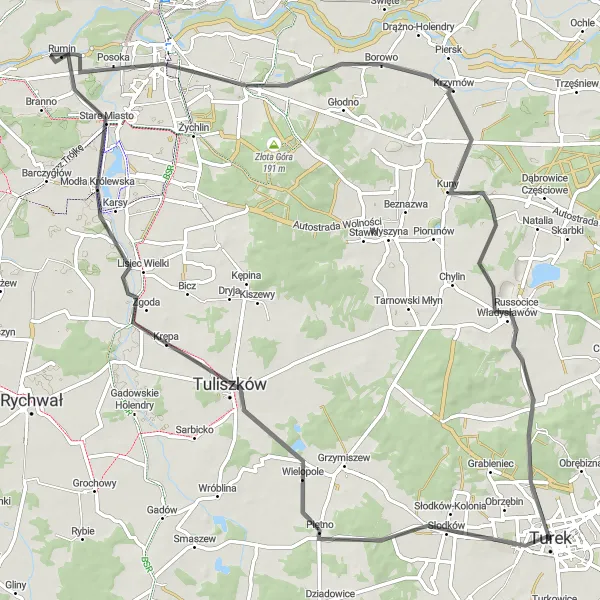 Map miniature of "Road Cycling Adventure in Tuliszków" cycling inspiration in Wielkopolskie, Poland. Generated by Tarmacs.app cycling route planner