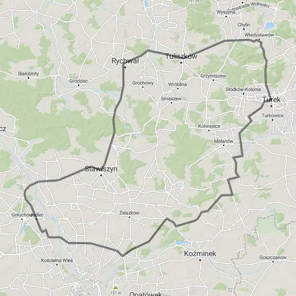 Map miniature of "Turek and All the Way to Ławeczka Józefa Mehoffera" cycling inspiration in Wielkopolskie, Poland. Generated by Tarmacs.app cycling route planner