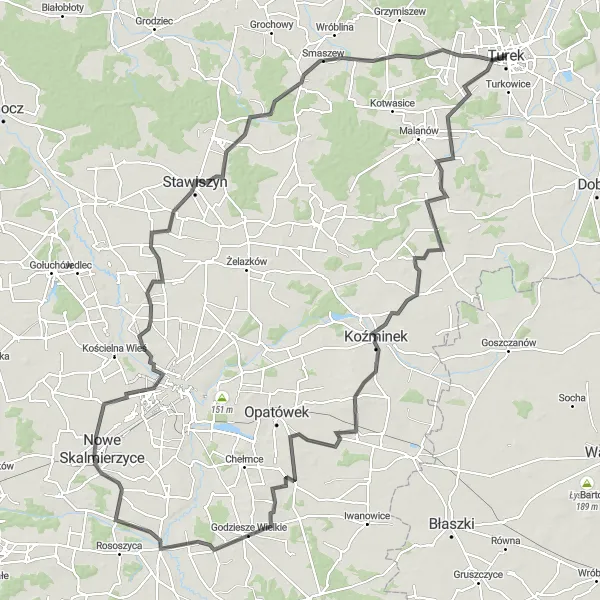 Map miniature of "Road Cycling Journey through Ołobok" cycling inspiration in Wielkopolskie, Poland. Generated by Tarmacs.app cycling route planner