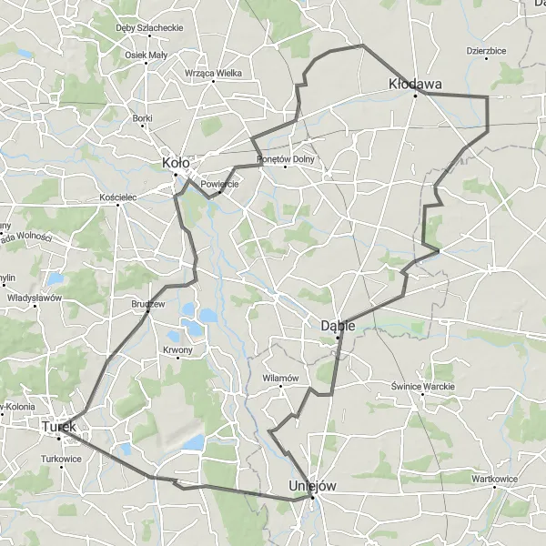 Map miniature of "Road Cycling Challenge to Kłodawa" cycling inspiration in Wielkopolskie, Poland. Generated by Tarmacs.app cycling route planner