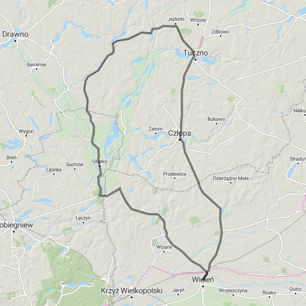 Map miniature of "Żelicha Forge Loop" cycling inspiration in Wielkopolskie, Poland. Generated by Tarmacs.app cycling route planner