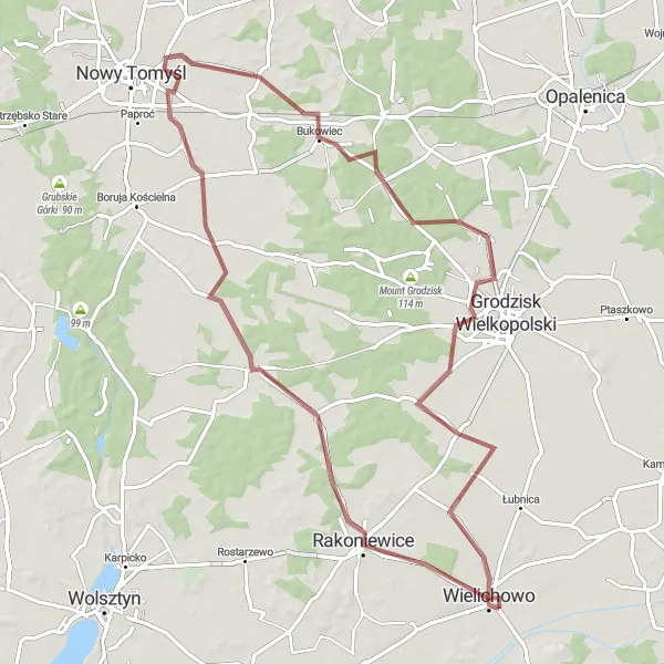 Map miniature of "Gravel Adventure in Wielkopolskie" cycling inspiration in Wielkopolskie, Poland. Generated by Tarmacs.app cycling route planner