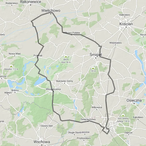 Map miniature of "Looping Through Beautiful Countryside" cycling inspiration in Wielkopolskie, Poland. Generated by Tarmacs.app cycling route planner