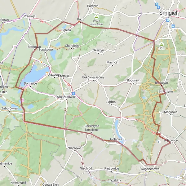 Miniatura mapy "Trasa gravelowa w okolicach Wilkowic" - trasy rowerowej w Wielkopolskie, Poland. Wygenerowane przez planer tras rowerowych Tarmacs.app