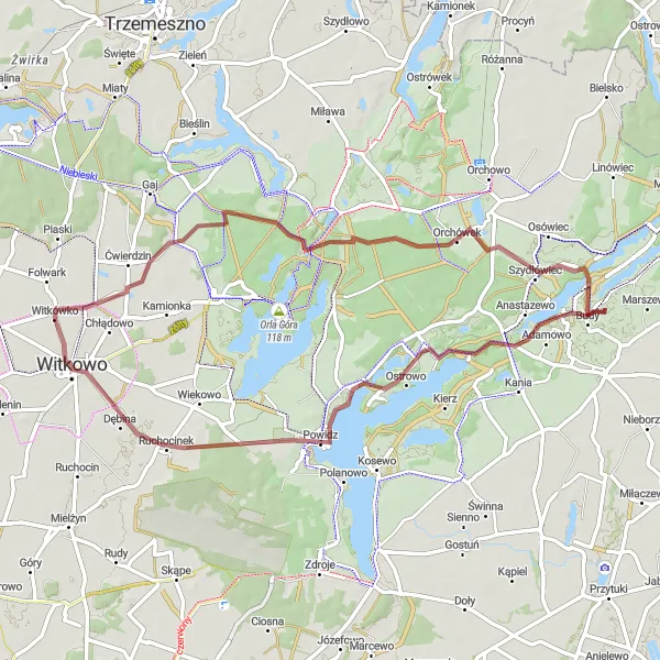 Miniatura mapy "Trasa gravel z Witkowa - wariant krótszy" - trasy rowerowej w Wielkopolskie, Poland. Wygenerowane przez planer tras rowerowych Tarmacs.app