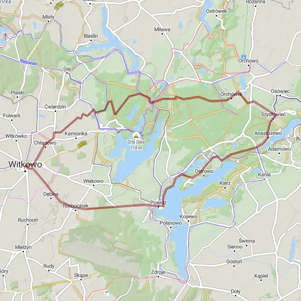 Miniatura mapy "Trasa gravel z Witkowa" - trasy rowerowej w Wielkopolskie, Poland. Wygenerowane przez planer tras rowerowych Tarmacs.app