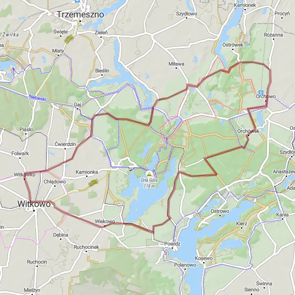 Map miniature of "Scenic Gravel Ride to Witkowo" cycling inspiration in Wielkopolskie, Poland. Generated by Tarmacs.app cycling route planner