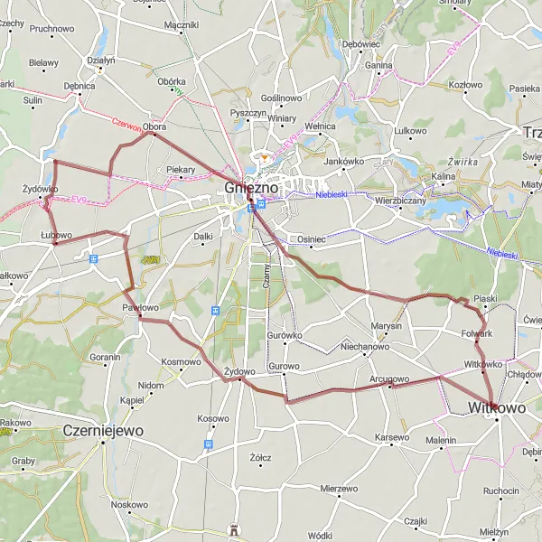 Map miniature of "Witkowo Gravel Adventure to Pawłowo" cycling inspiration in Wielkopolskie, Poland. Generated by Tarmacs.app cycling route planner