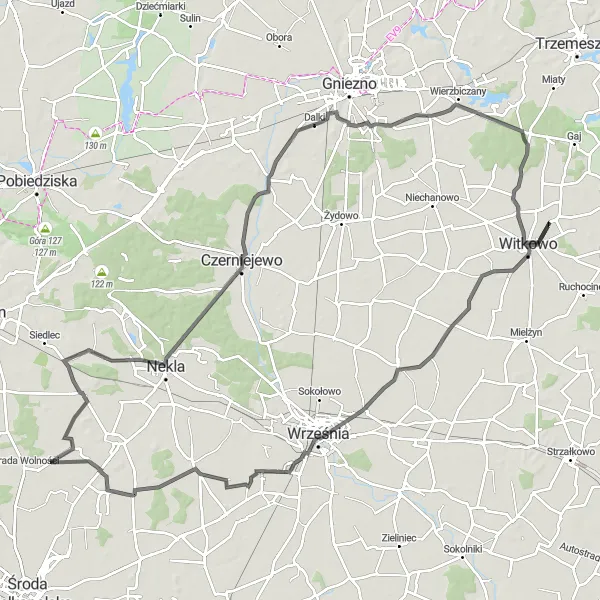 Map miniature of "Witkowo to Łysa Górka Loop" cycling inspiration in Wielkopolskie, Poland. Generated by Tarmacs.app cycling route planner