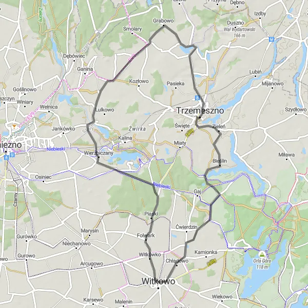 Map miniature of "Bike through the Charming Countryside to Niewolno" cycling inspiration in Wielkopolskie, Poland. Generated by Tarmacs.app cycling route planner