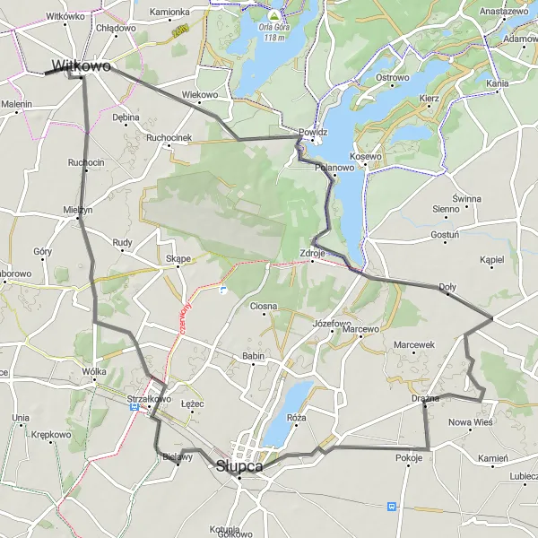 Miniatura mapy "Trasa rowerowa z Witkowa" - trasy rowerowej w Wielkopolskie, Poland. Wygenerowane przez planer tras rowerowych Tarmacs.app