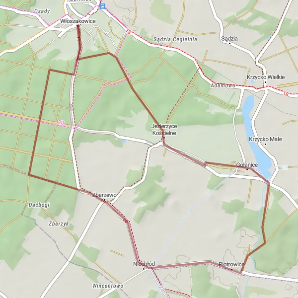 Map miniature of "Gravel Route from Włoszakowice to Krzycko Małe" cycling inspiration in Wielkopolskie, Poland. Generated by Tarmacs.app cycling route planner